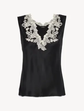 Top en satin de soie noir avec broderie en guipure « frastaglio »